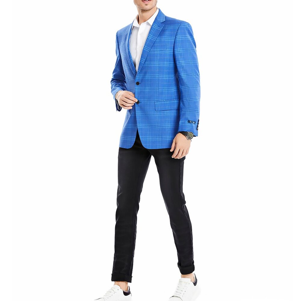 Blue Plaid Notch Lapel Men's Jacket